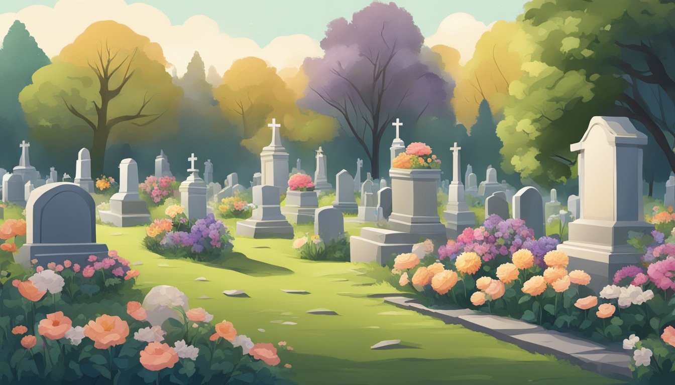 A serene cemetery with a freshly dug burial plot surrounded by gravestones and flowers