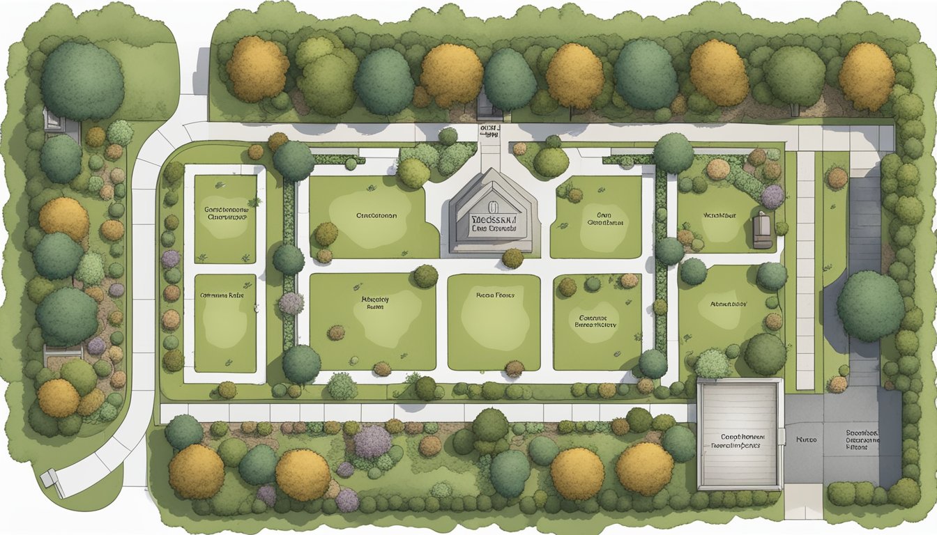 A bird's eye view of a cemetery plot template with pathways, headstone placements, and designated areas for burial plots