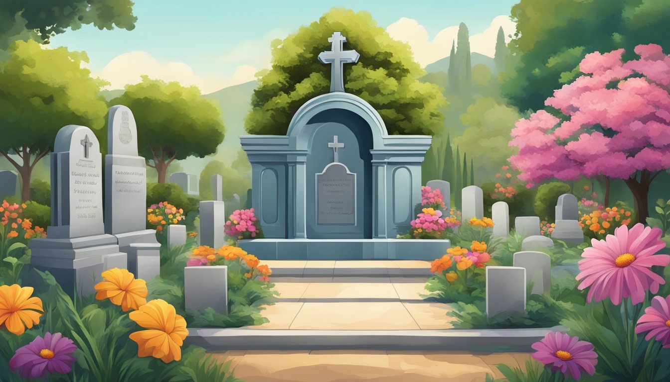 A serene cemetery with colorful flowers and a unique headstone, surrounded by greenery with a traditional Spanish flair