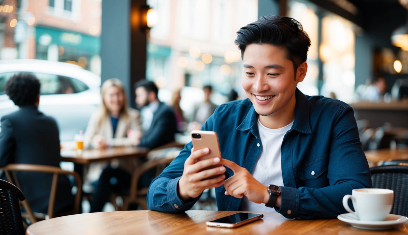 En person som sitter ved et kafébord, holder en smarttelefon og smiler mens han ser på skjermen