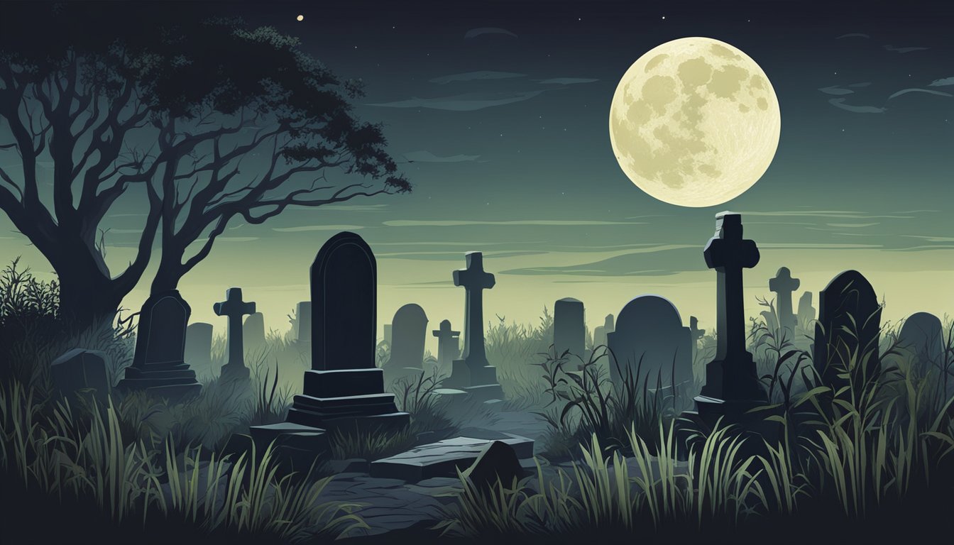 A dark, eerie graveyard with weathered tombstones and overgrown vegetation. The moon casts an ominous glow as shadows loom