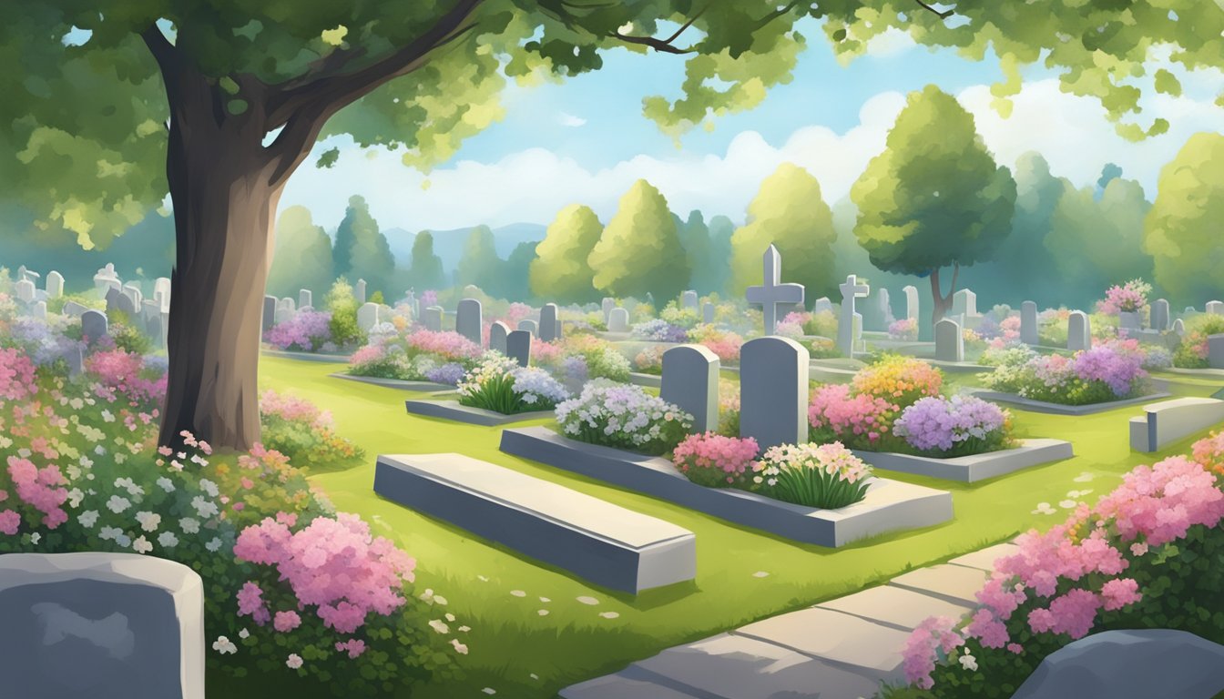 A serene cemetery with a small plot of land surrounded by flowers and a peaceful atmosphere