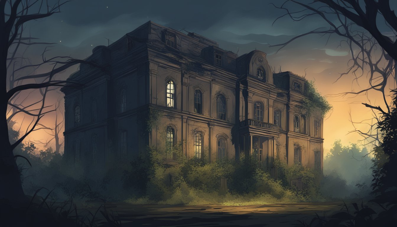 A dilapidated asylum at night, eerie shadows and overgrown foliage, with broken windows and a haunting atmosphere