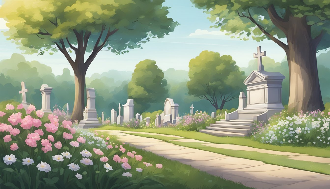 A serene cemetery plot with a border of delicate flowers and tall, elegant trees