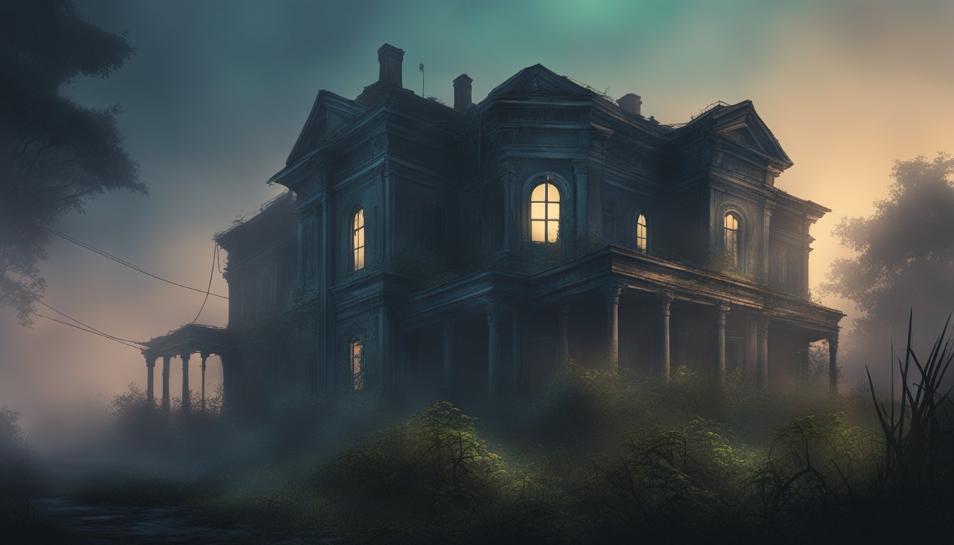 A dilapidated asylum at night, surrounded by fog and overgrown vegetation, with broken windows and a haunting aura