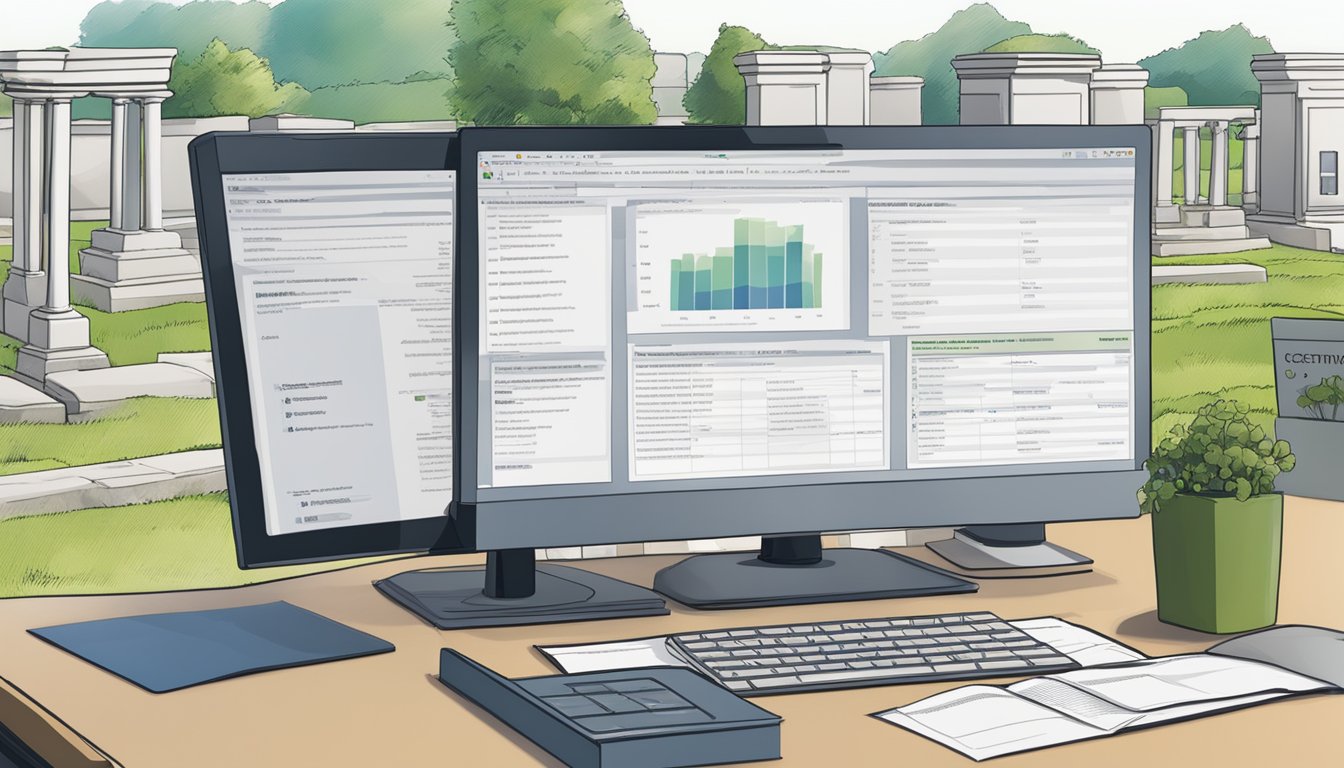 A computer screen displaying cemetery plot software with legal documents and regulations in the background