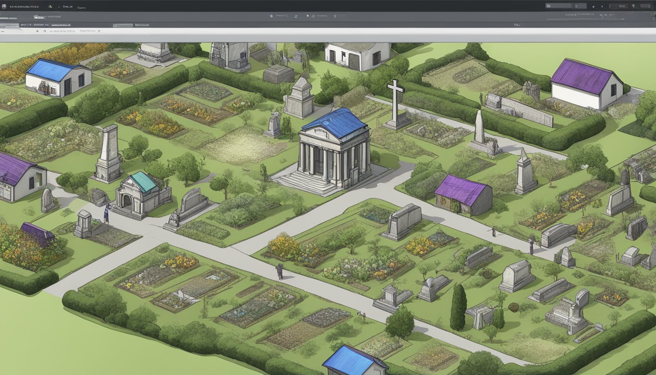 A computer screen displaying cemetery plot software linked to various other tools and platforms