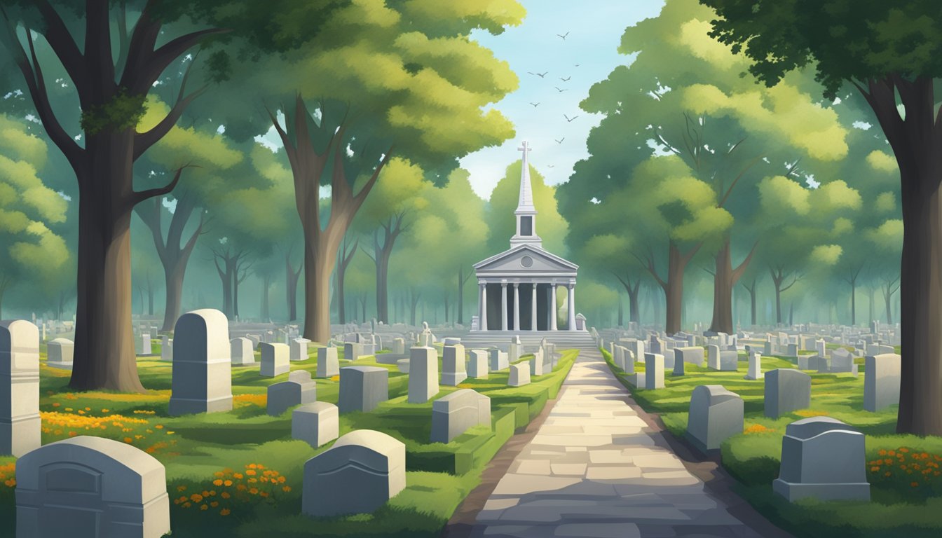 A serene cemetery with neat rows of headstones, surrounded by tall trees and well-maintained pathways