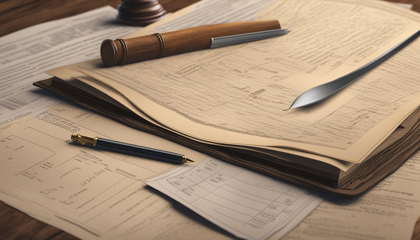 A weathered cemetery plot deed template lies open on a desk, surrounded by old legal documents and a quill pen