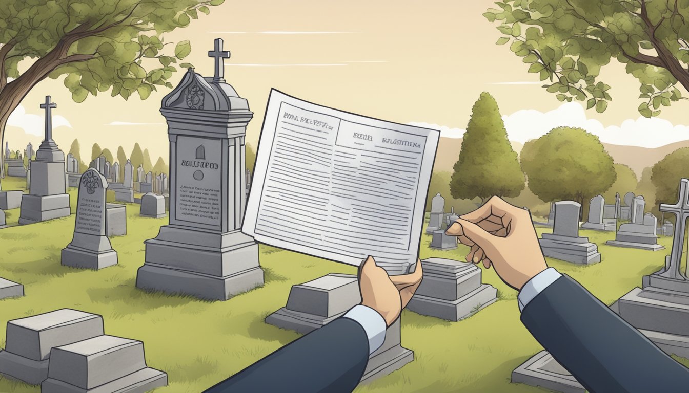 A hand holding a burial plot deed, with a cemetery in the background