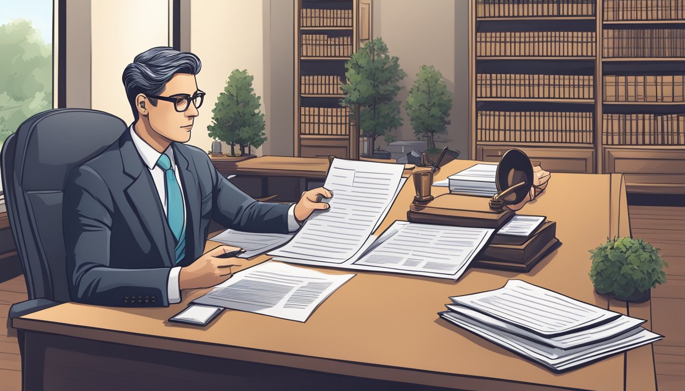 A lawyer reviewing legal documents in an office with a cemetery plot deed template on the desk