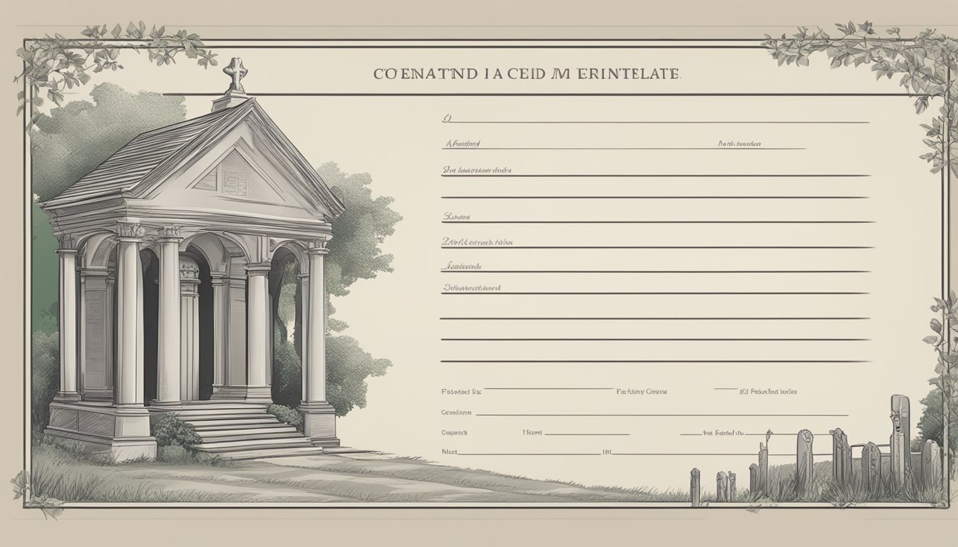 A hand holding a cemetery plot deed template with a blank space for the owner's name and plot details