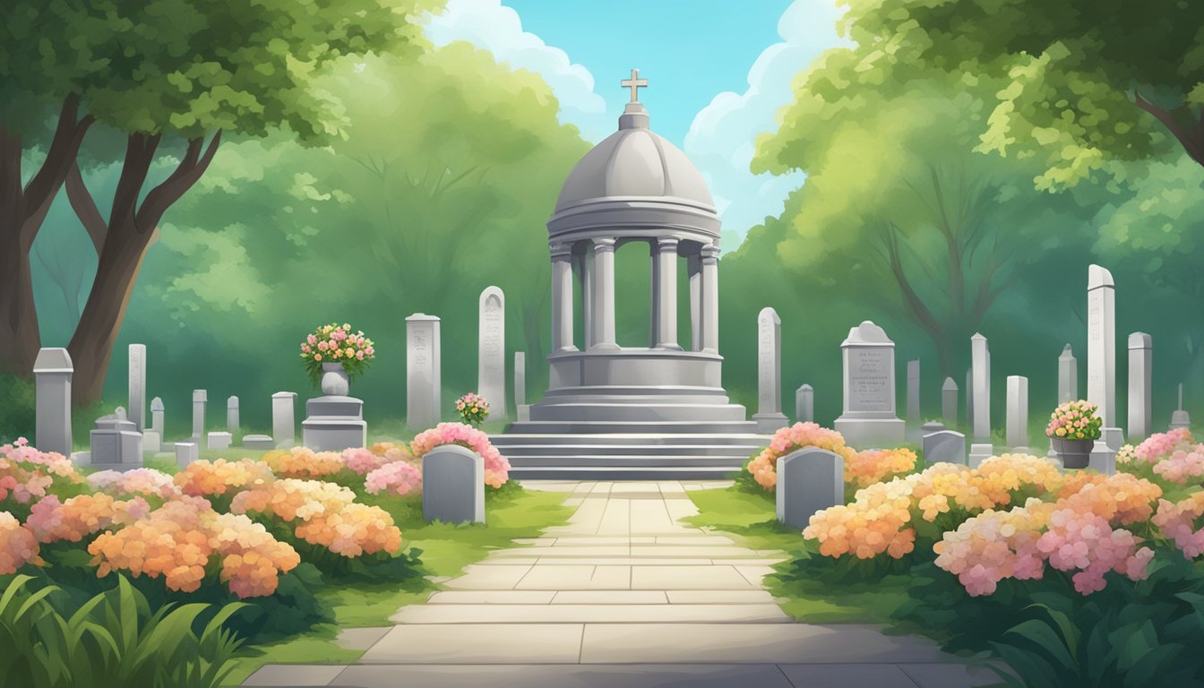 A serene cemetery with neatly arranged grave plots surrounded by lush greenery and adorned with flowers and memorial markers