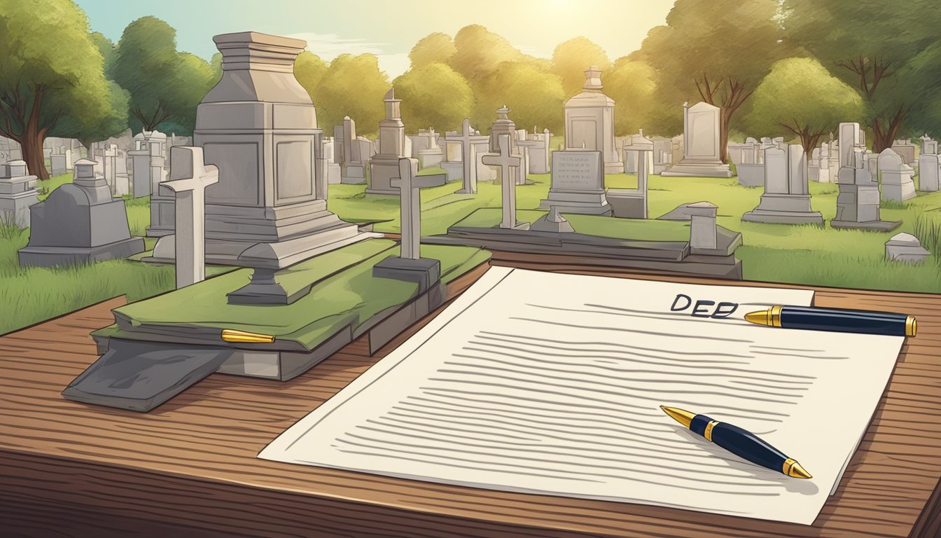 A serene cemetery plot with a deed template laid out on a wooden desk, surrounded by a professional with a pen and paperwork