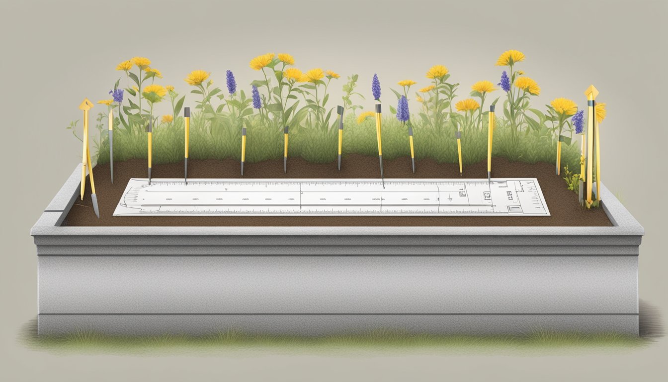 A rectangular burial plot with precise measurements marked by stakes and a measuring tape