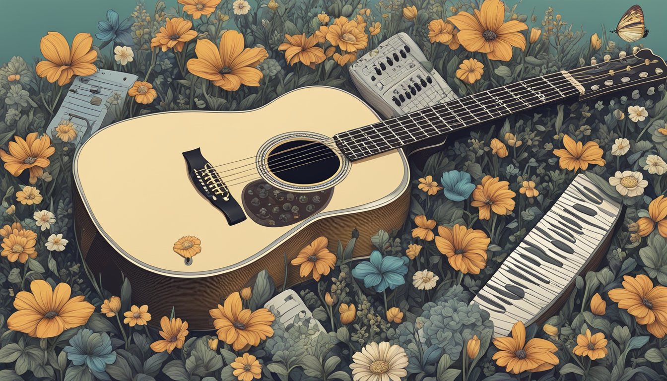 A solitary acoustic guitar rests on a burial plot, surrounded by symbols of different musical genres