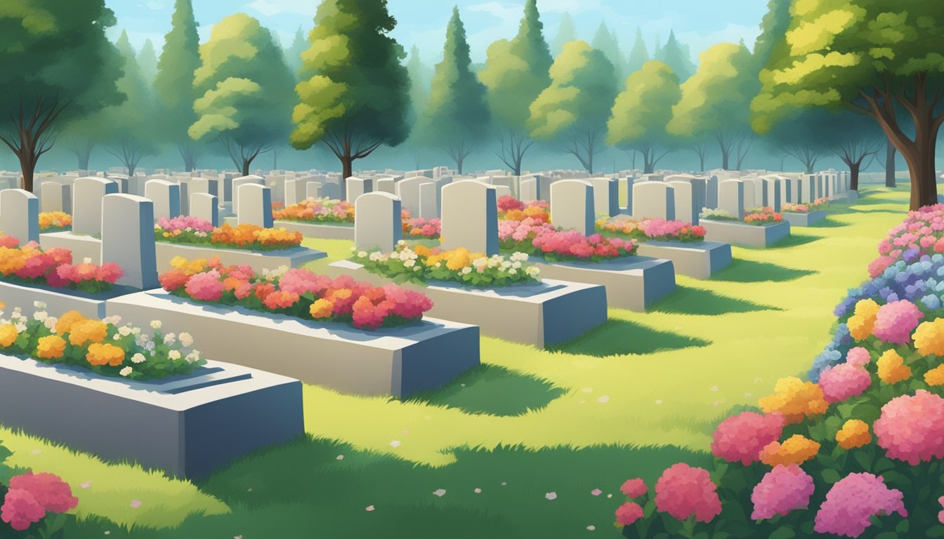 A serene cemetery with rows of burial plots, surrounded by tall trees and colorful flowers, with a peaceful and respectful atmosphere