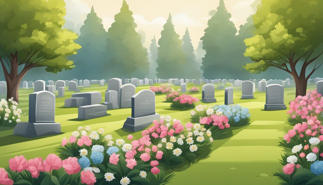 A well-kept cemetery plot with neatly trimmed grass, freshly placed flowers, and carefully arranged headstones