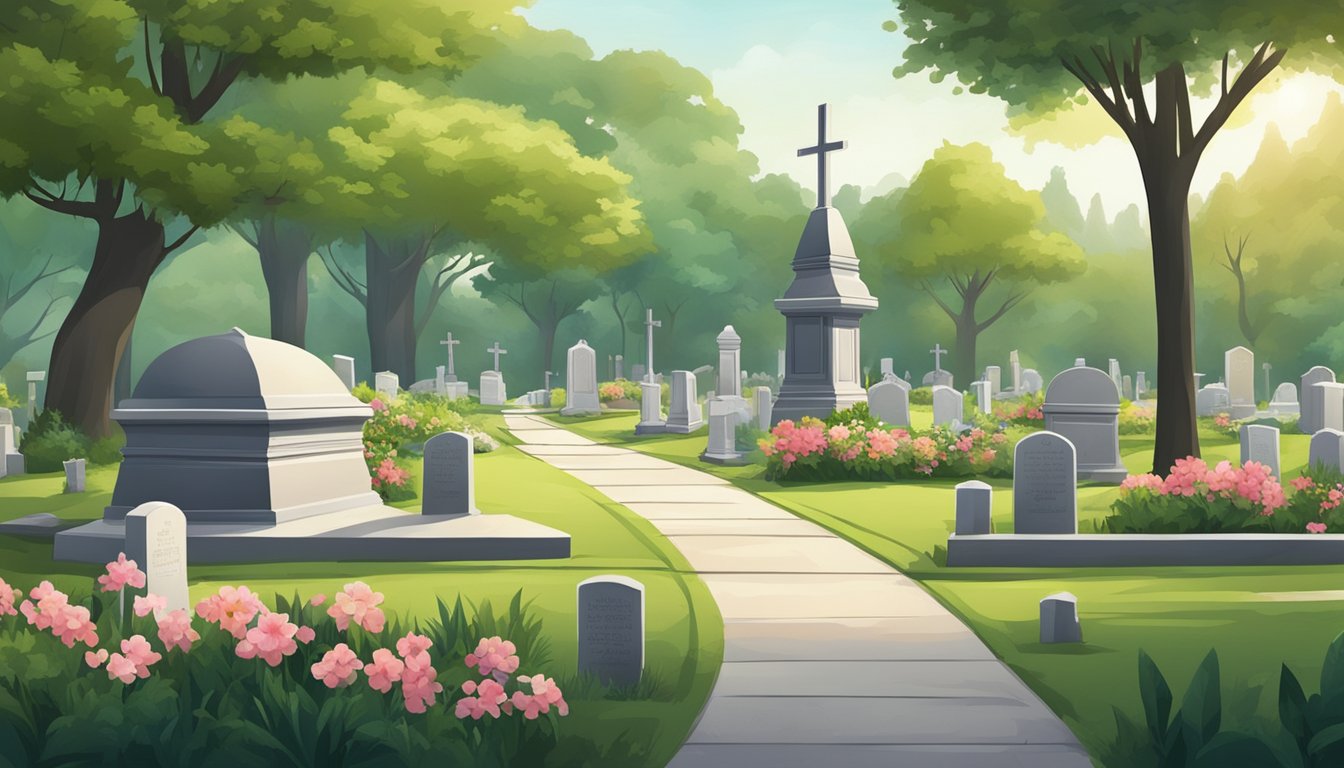 A serene cemetery with various burial plot dimensions, surrounded by lush greenery and peaceful surroundings