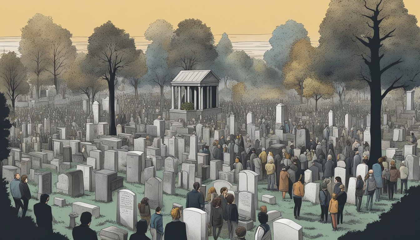 A cemetery with multiple burial plots, surrounded by a crowd of people eagerly bidding on the gravesite of the band 'Every Time I Die'