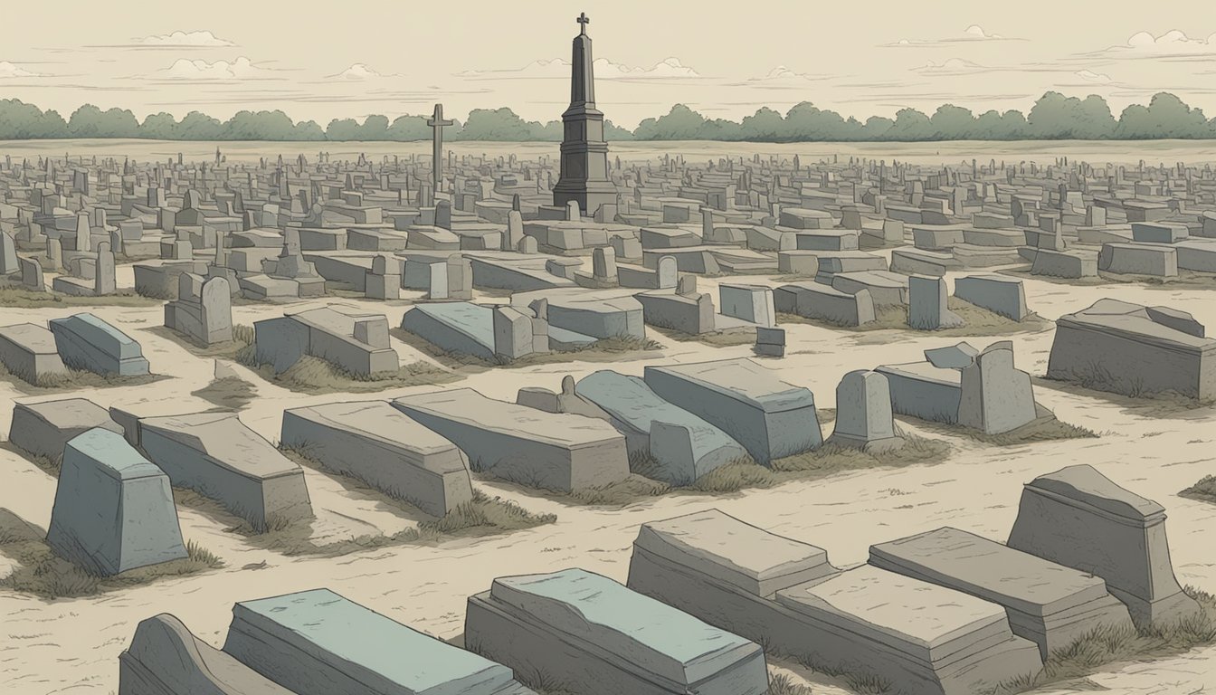 A desolate cemetery with multiple plots surrounded by a crowd of bidders, each vying for the rights to a burial plot