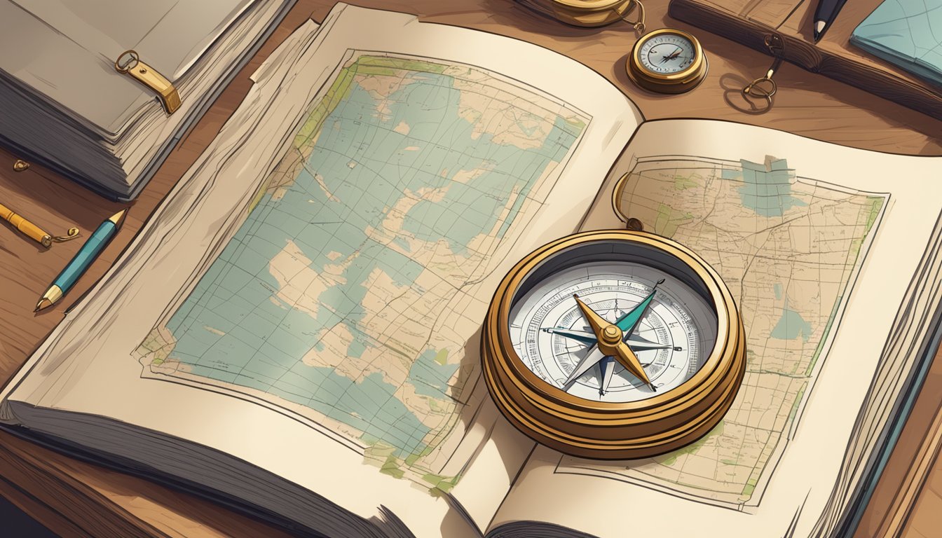 An open book with scattered papers, a map, and a compass on a desk