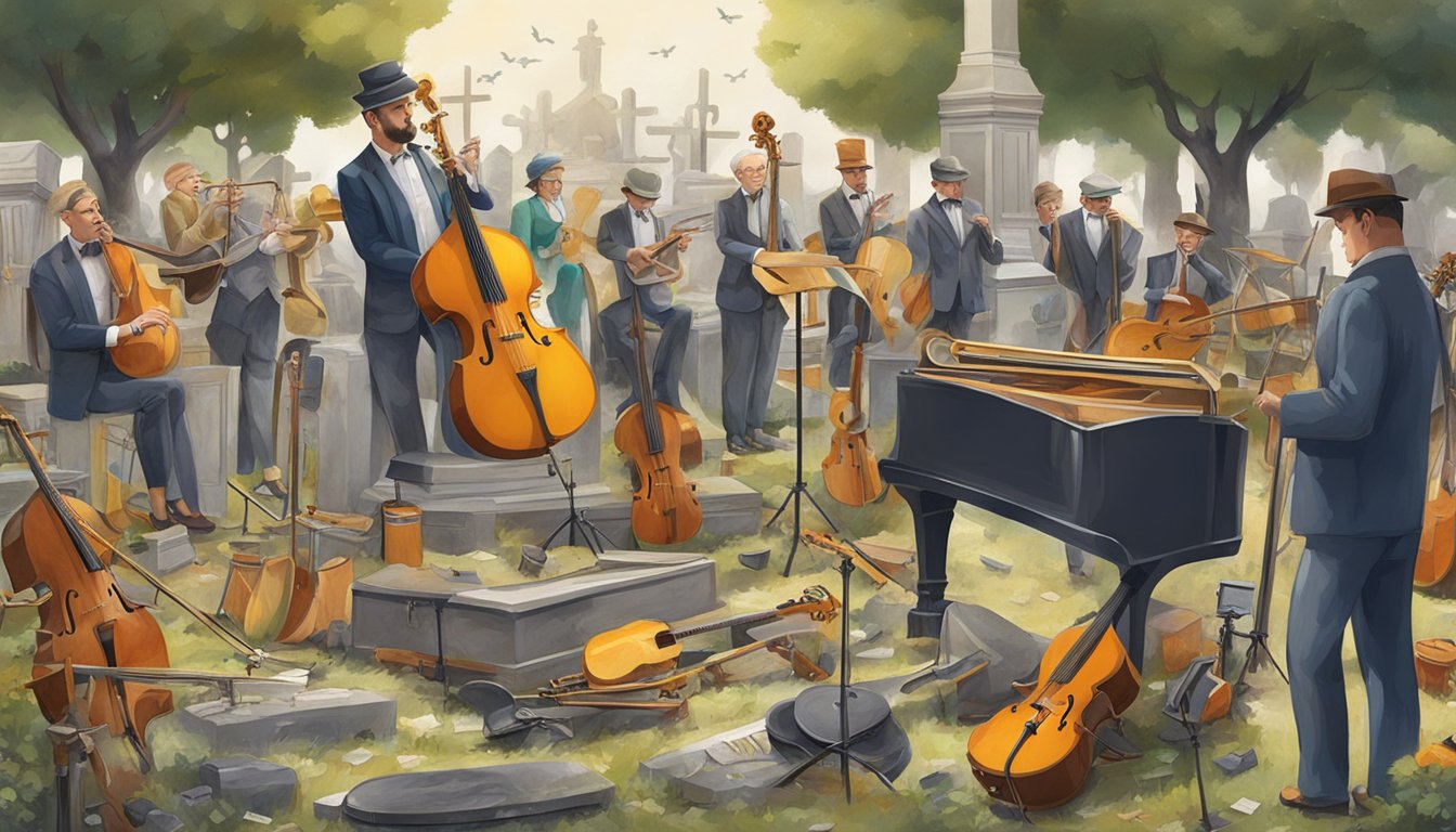 A group of musical instruments and stage props arranged in a cemetery, surrounded by eager bidders