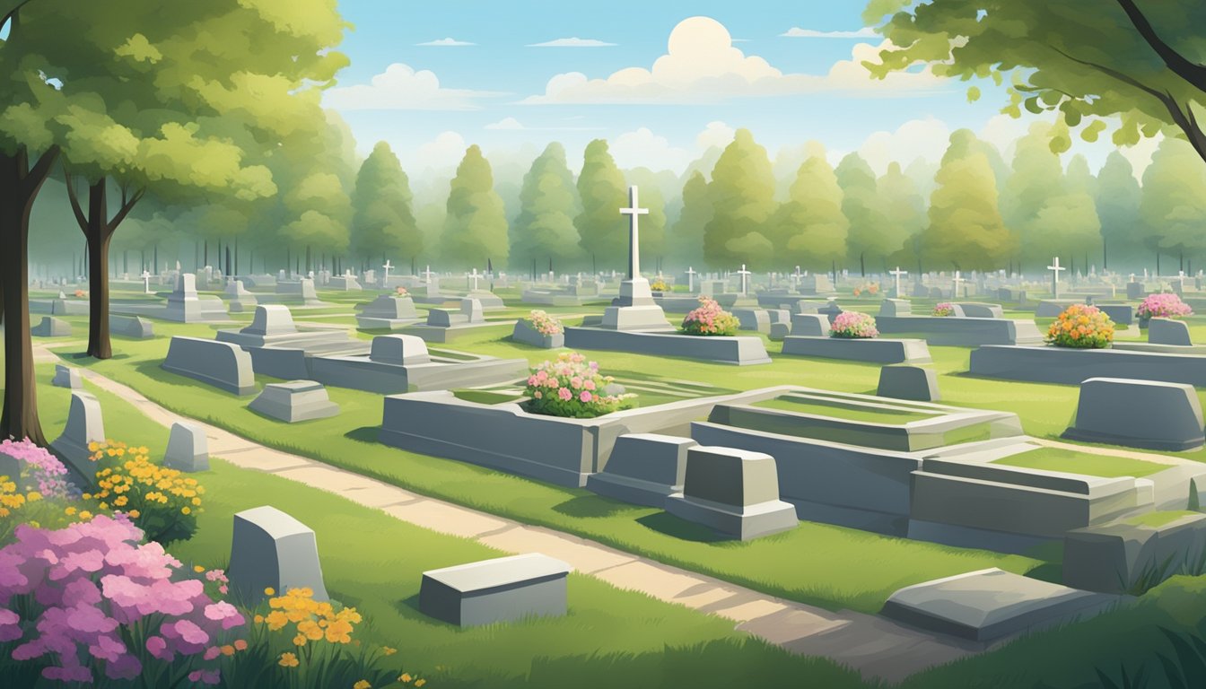 A serene cemetery with rows of well-maintained burial plots, surrounded by a peaceful landscape, evoking a sense of solemn yet timeless financial investment