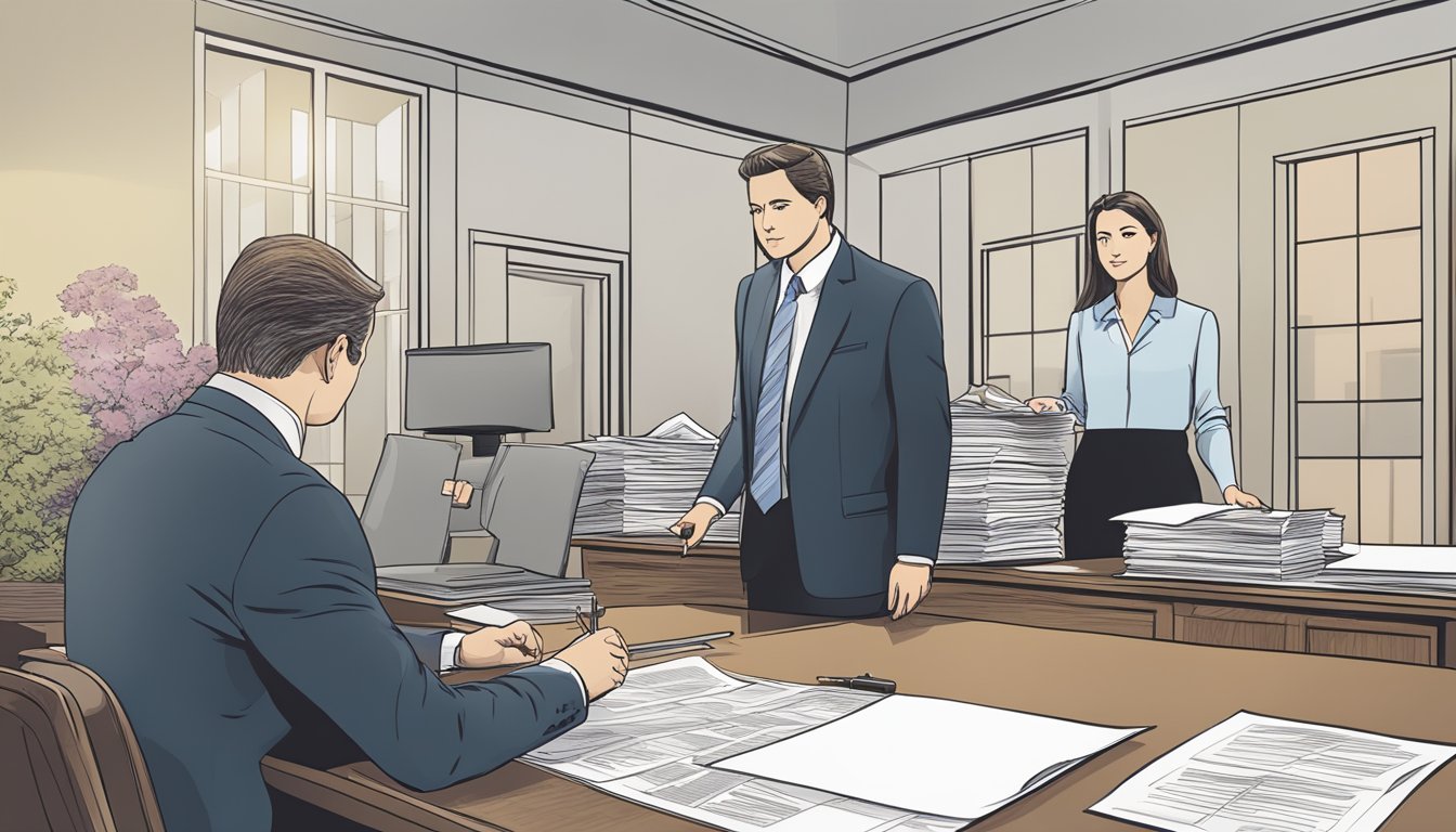 A lawyer and a client review documents at a desk with a burial plot map and investment paperwork spread out in front of them