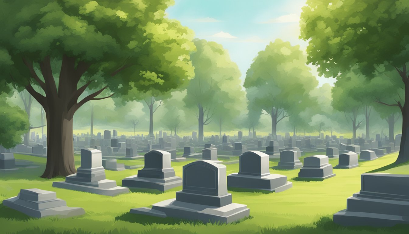 A serene cemetery with rows of headstones, surrounded by lush greenery and peaceful atmosphere