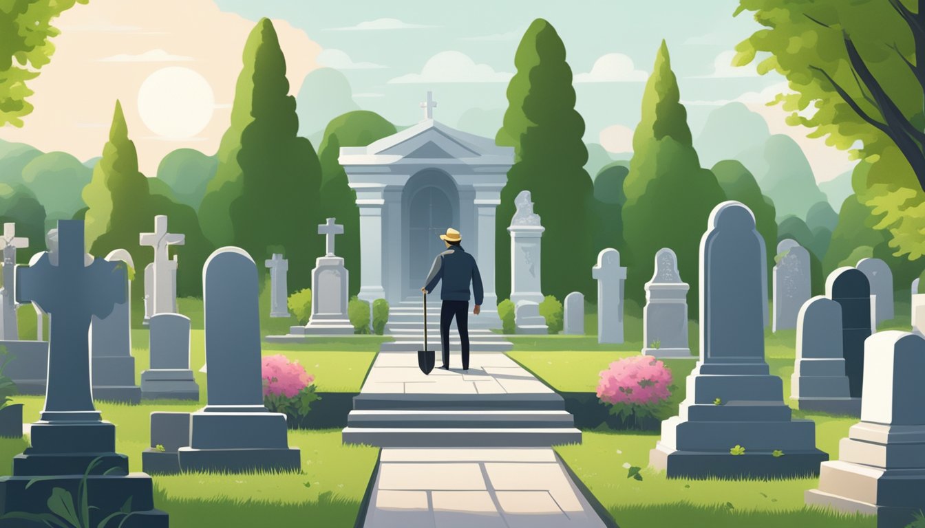 A figure with a shovel stands in a tranquil cemetery, surrounded by rows of tombstones and lush greenery, searching for a burial plot