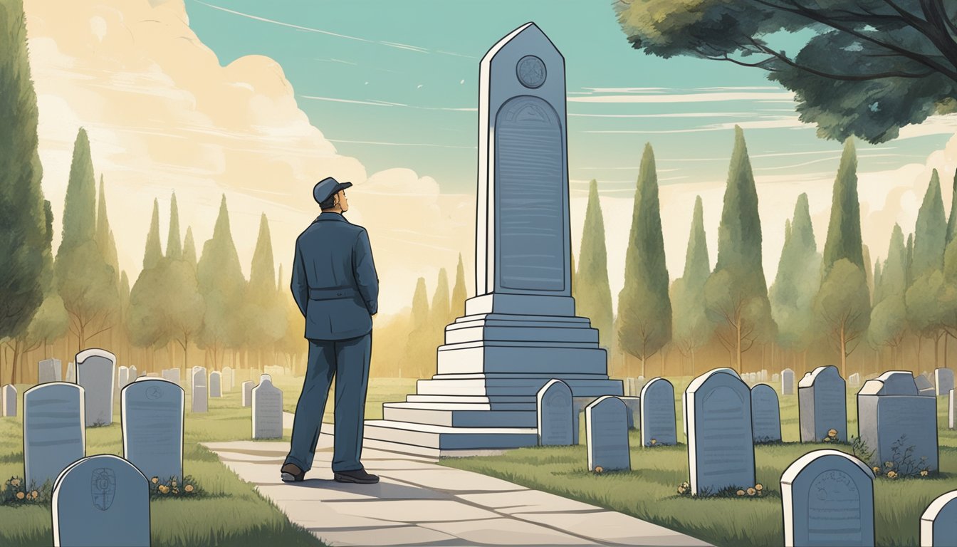 A figure stands in a peaceful cemetery, surrounded by rows of neatly marked burial plots. The figure holds a map and gazes into the distance, contemplating the future