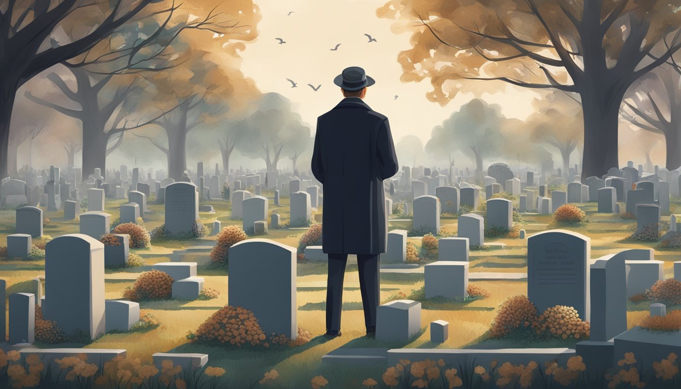 A person standing in a cemetery holding a burial plot deed while surrounded by gravestones and funeral arrangements