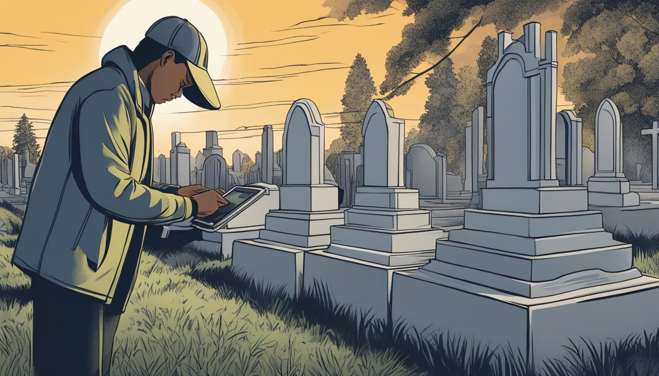 A person uses a handheld device to scan a cemetery, searching for a specific grave plot. The device emits a soft glow as it locates the final resting place