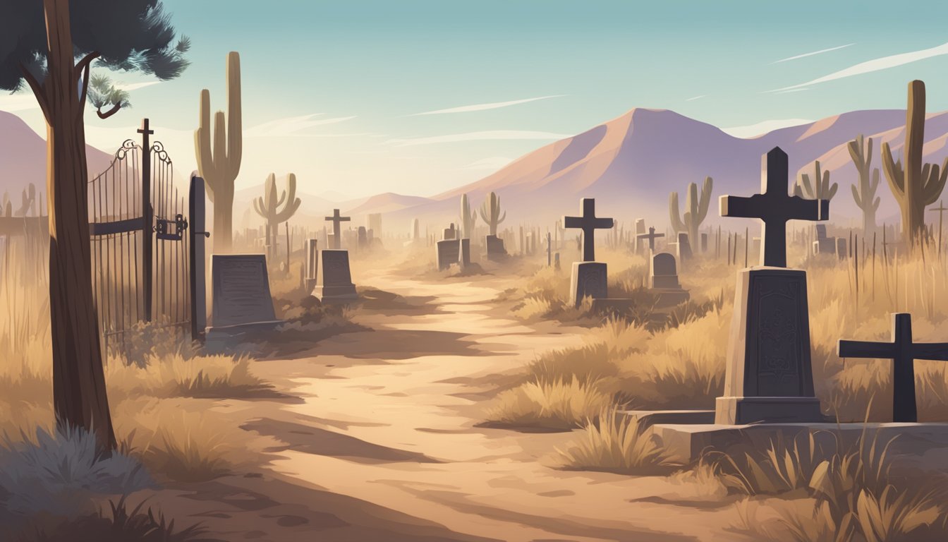 A wild west cemetery with wooden grave markers and a dusty path