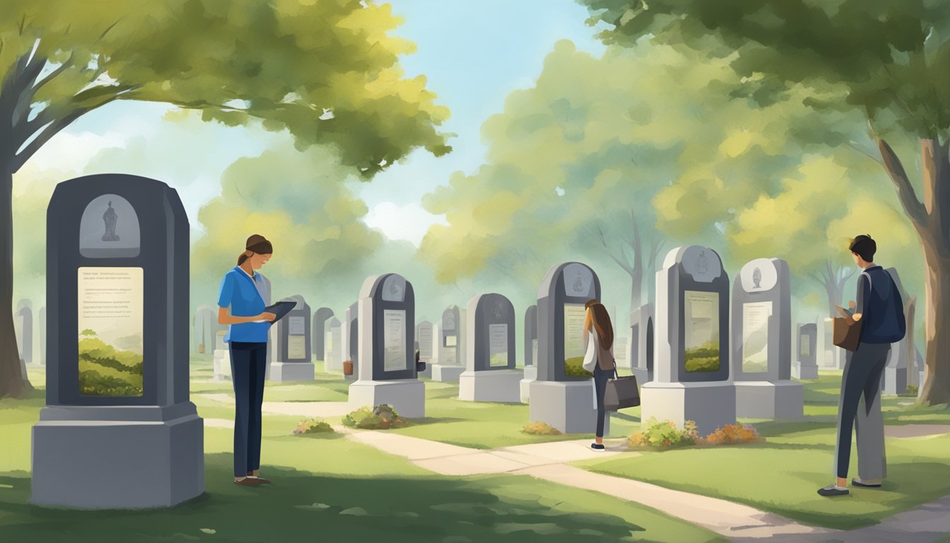 Visitors using digital kiosks to search for grave plots in a serene memorial site