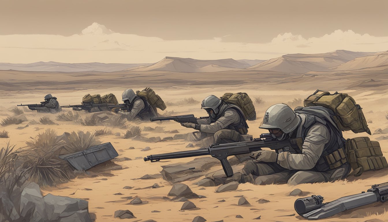 A row of makeshift graves surrounded by strategic combat gear and weapons in a desolate western landscape