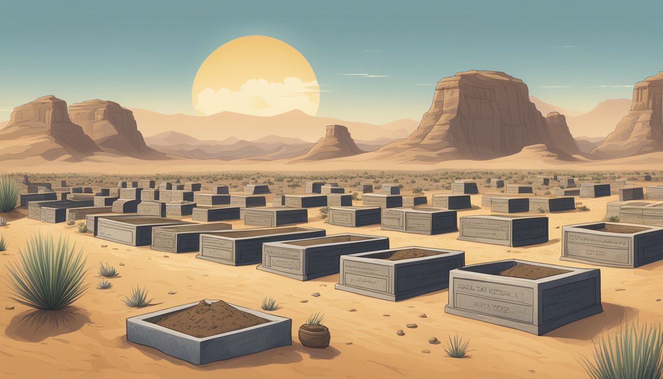 A dusty desert landscape with rows of burial plots, each adorned with collectibles and rewards