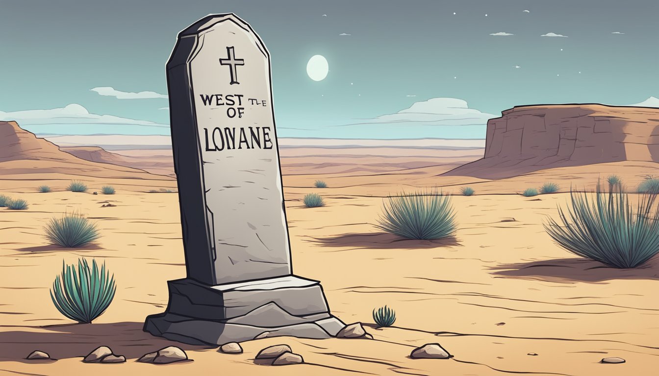 A lone gravestone in a barren desert, marked with the name of a beloved character from the game "West of Loathing."