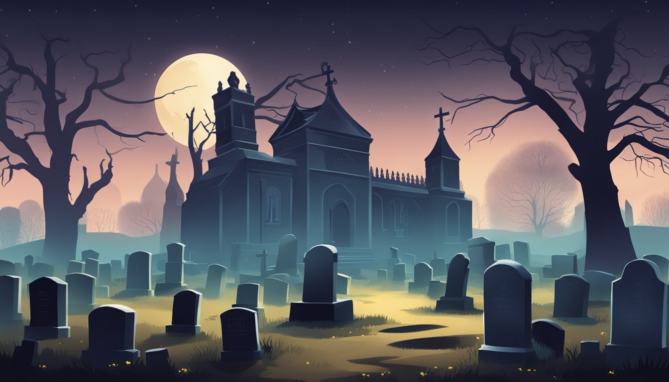 A dark, eerie graveyard at night with moonlight casting shadows on the tombstones and a mist hovering over the ground