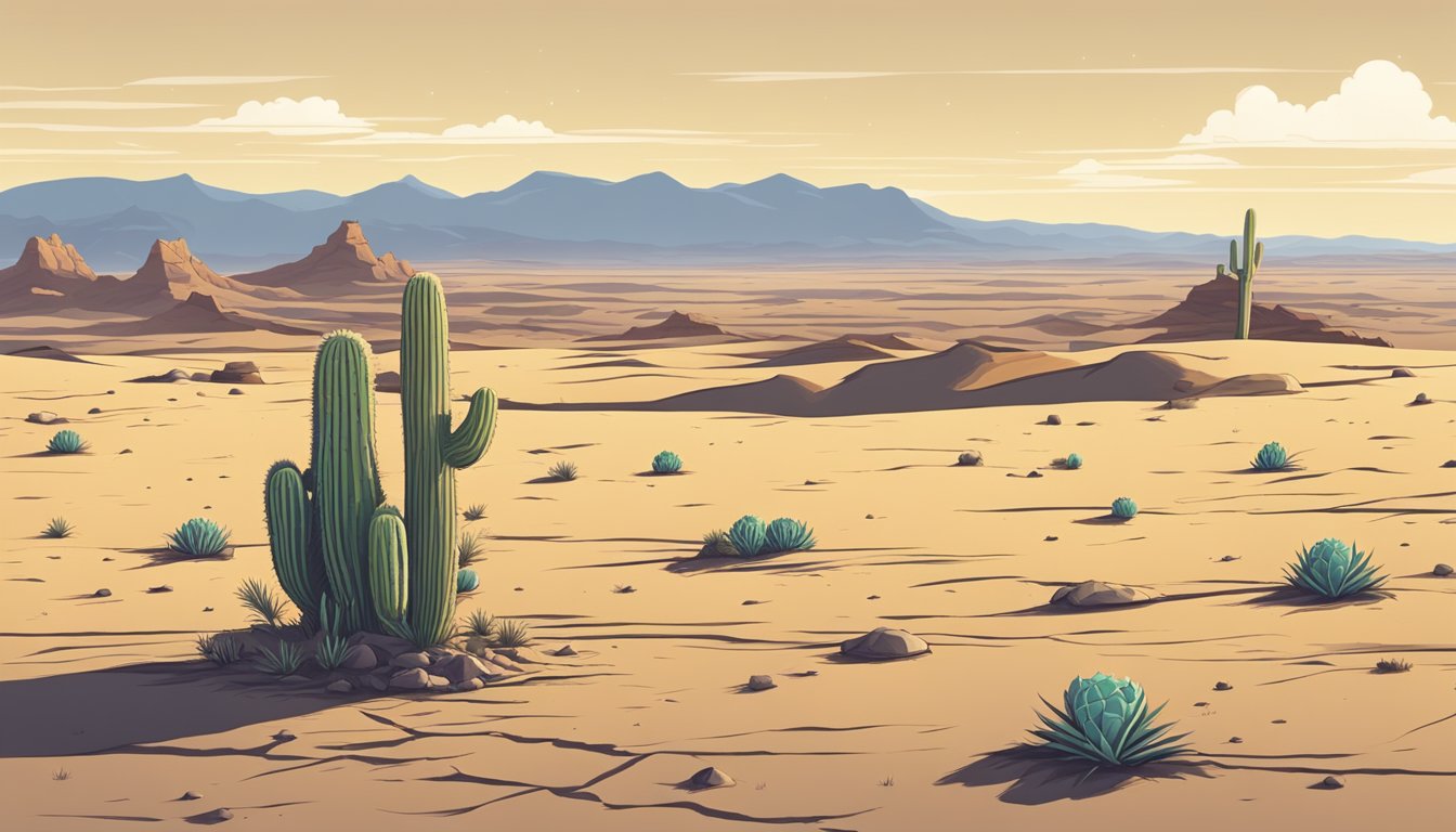 A desolate desert landscape with scattered burial plots and a lone cactus, under a vast, cloudless sky