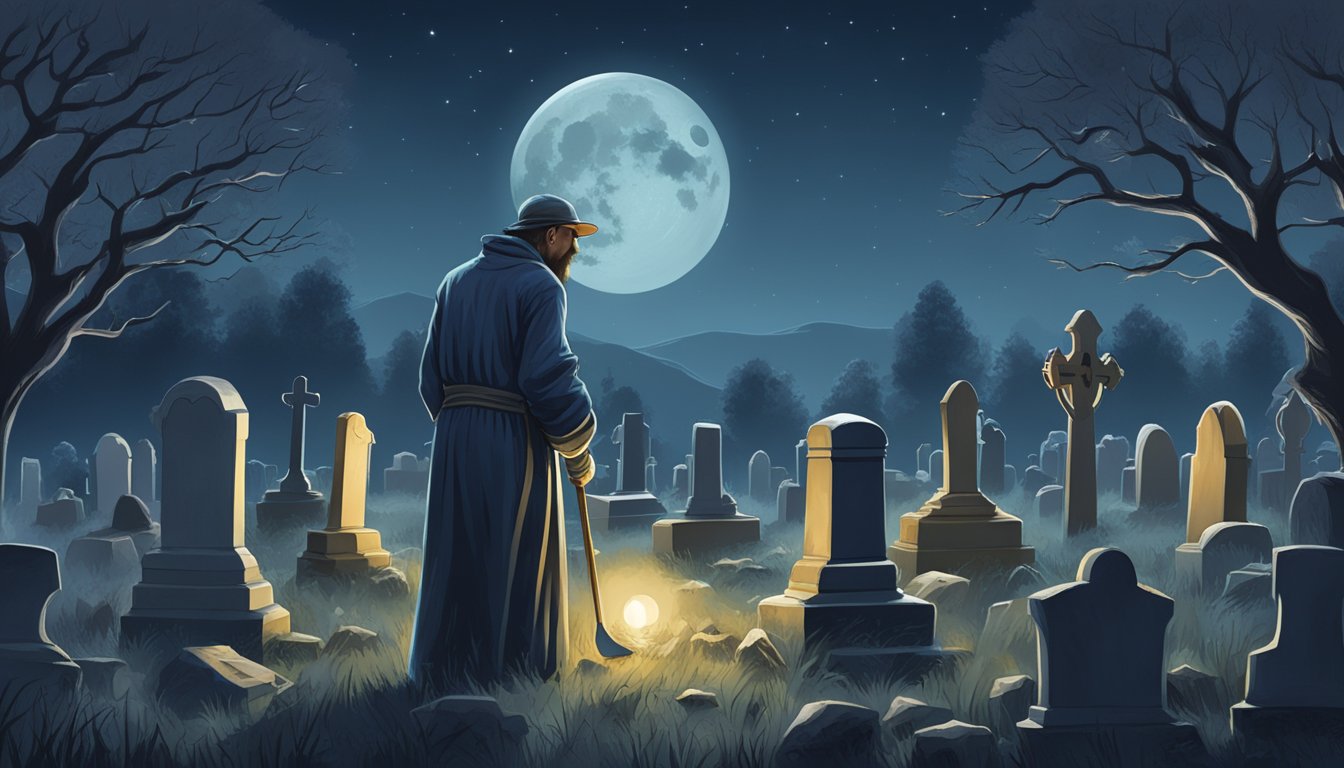 A graveyard keeper tends to graves, surrounded by eerie tombstones and a moonlit night sky