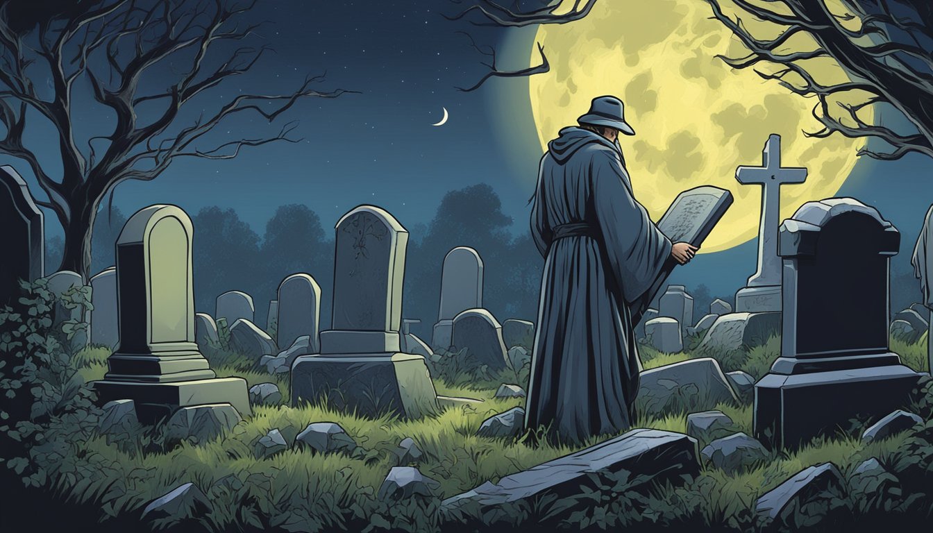 A graveyard keeper tends to overgrown tombstones under a full moon