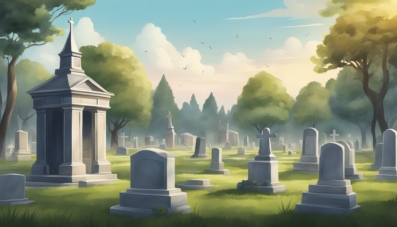 A serene cemetery with gravestones and a caretaker's office