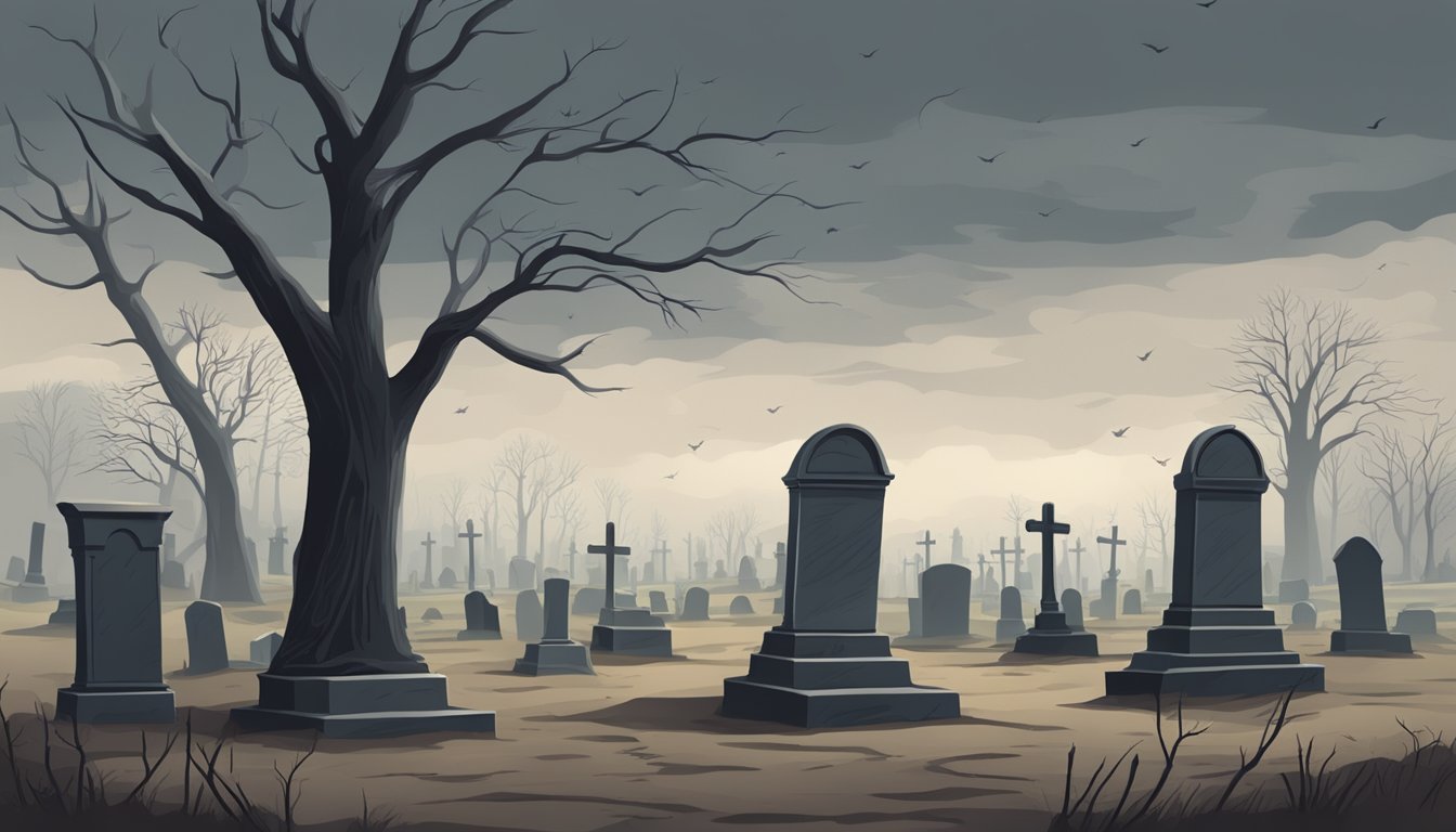 A desolate cemetery with crooked headstones and barren trees under a gloomy sky