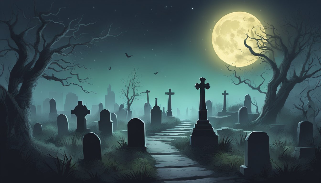 A dark, misty graveyard with ancient tombstones and overgrown pathways. A full moon casts an eerie glow over the scene