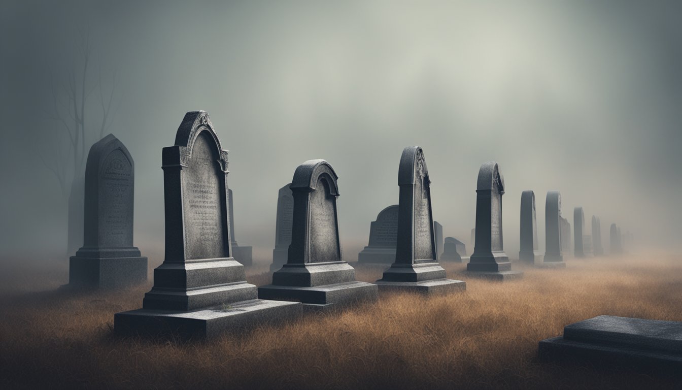 A row of weathered tombstones in a desolate graveyard, with eerie fog swirling around them