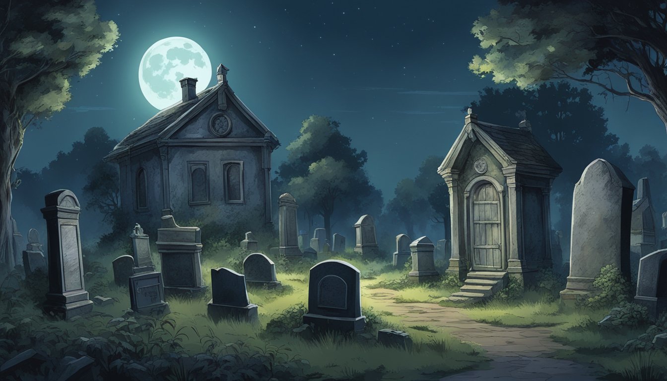 A moonlit graveyard with overgrown tombstones and a weathered caretaker's shack nestled among the trees