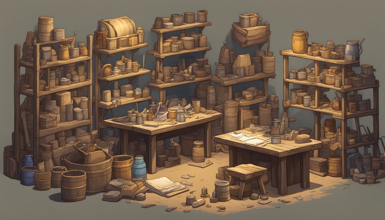 Various crafting stations and tools clutter the graveyard keeper's workshop, surrounded by piles of raw materials and scattered blueprints