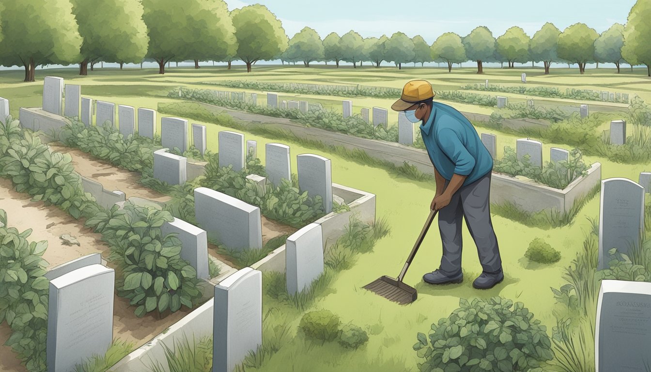 A groundskeeper tending to rows of cemetery plots, carefully inspecting and maintaining each one with a certificate in hand